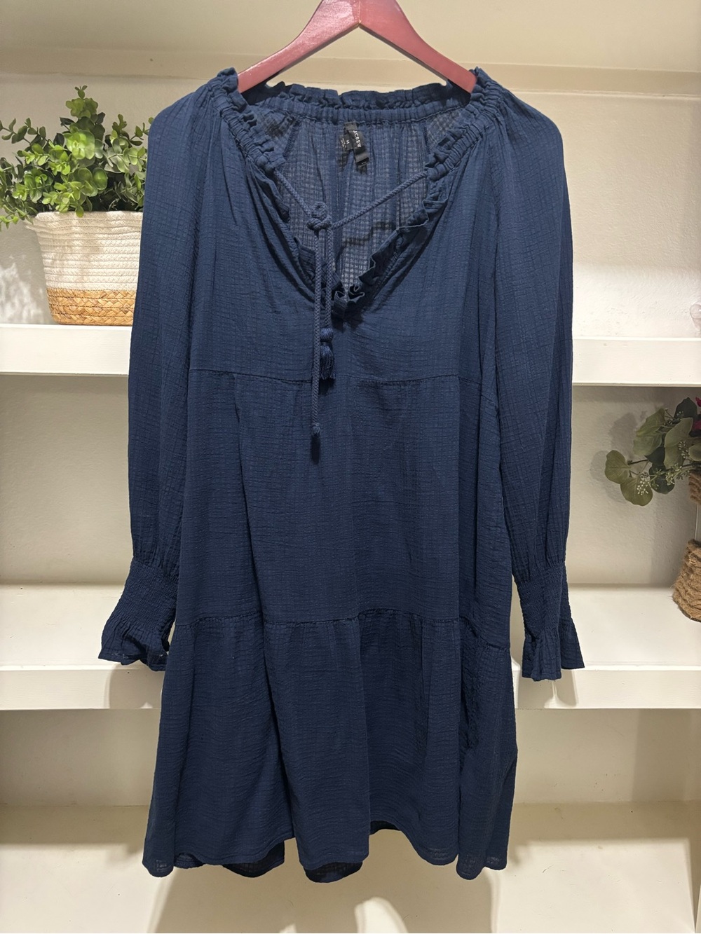 Navy Ruffled Split-Neck Peasant Dress
